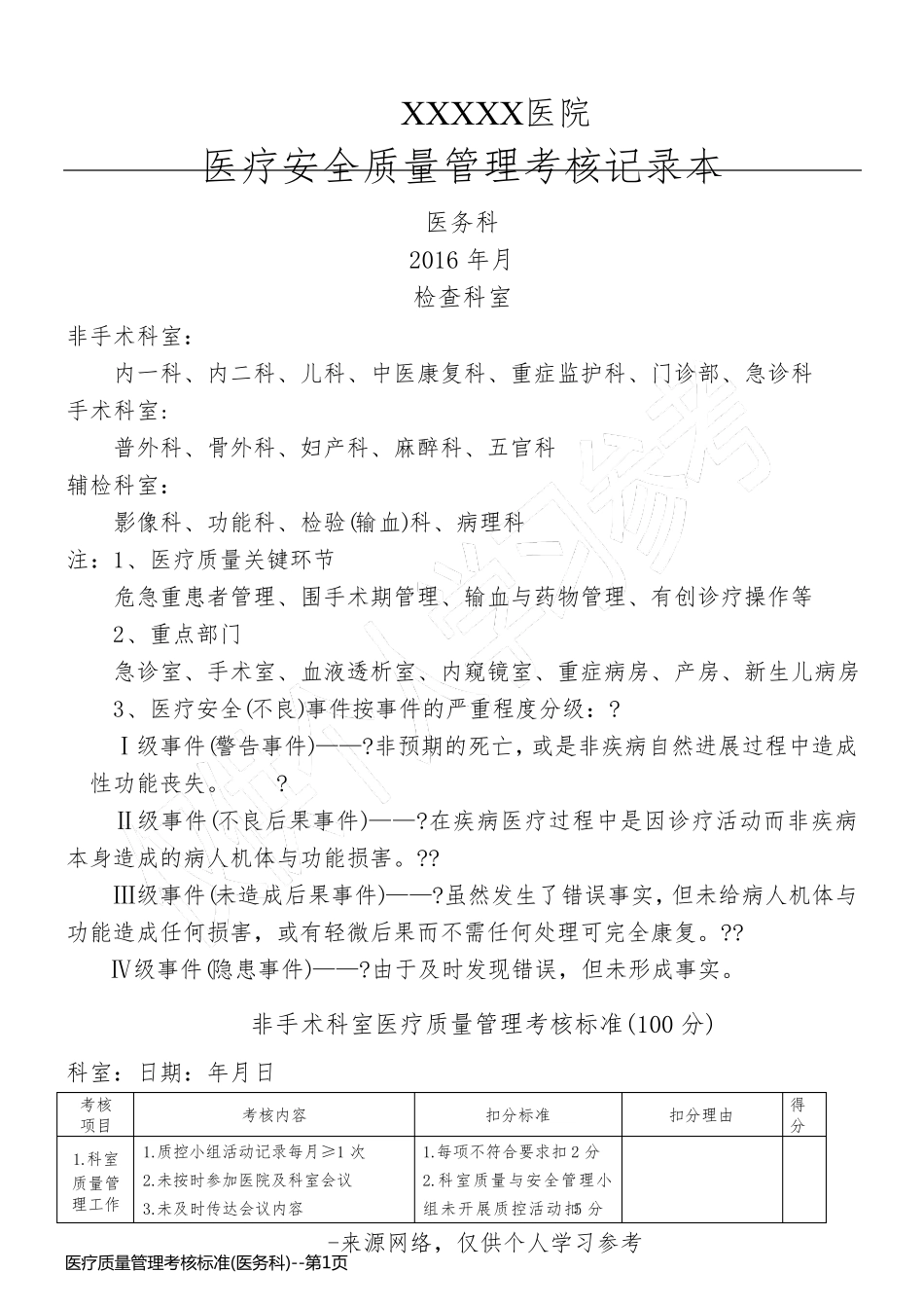 医疗质量管理考核标准(医务科)_第1页