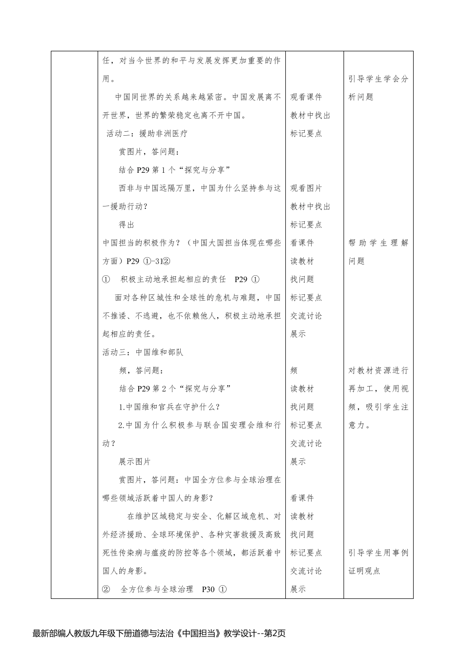 最新部编人教版九年级下册道德与法治《中国担当》教学设计_第2页