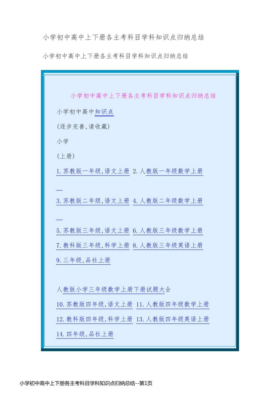 小学初中高中上下册各主考科目学科知识点归纳总结_第1页