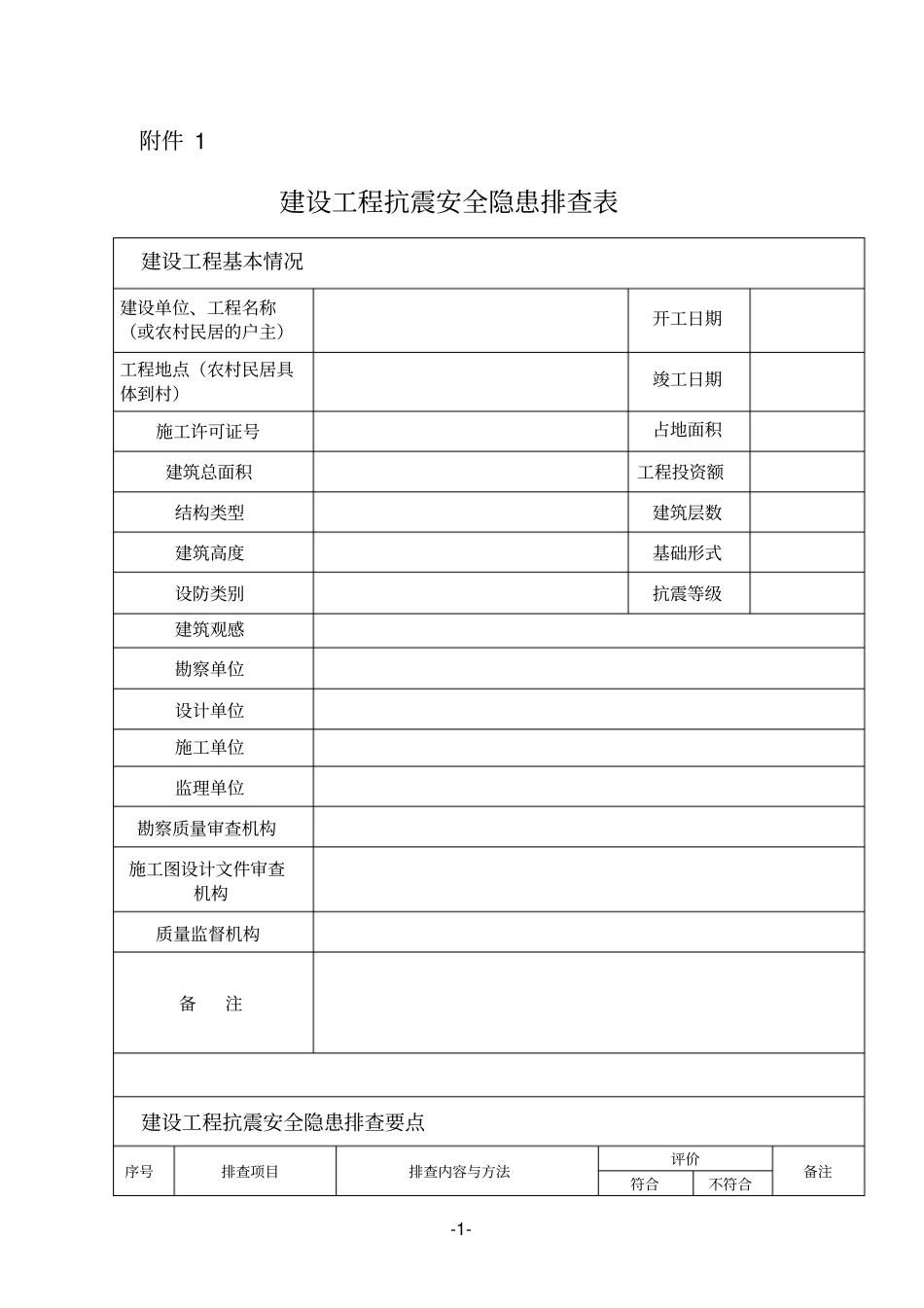 建筑工程抗震安全隐患排查表_第1页