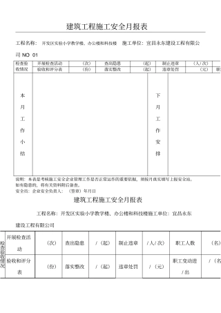 建筑工程施工安全月报表