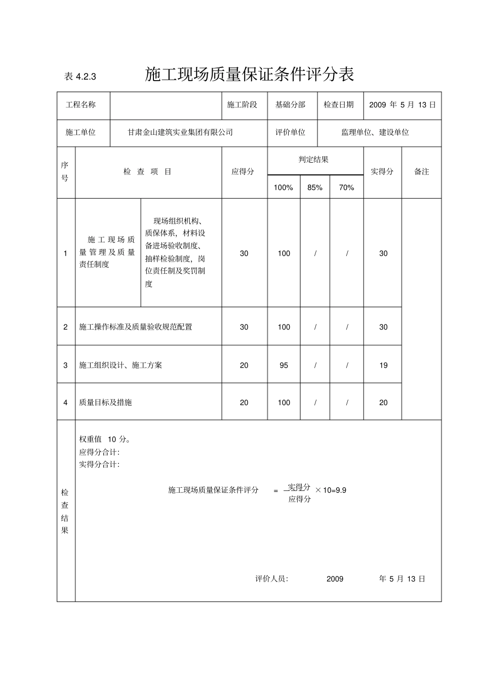 建筑工程施工质量评价标准表格_第1页