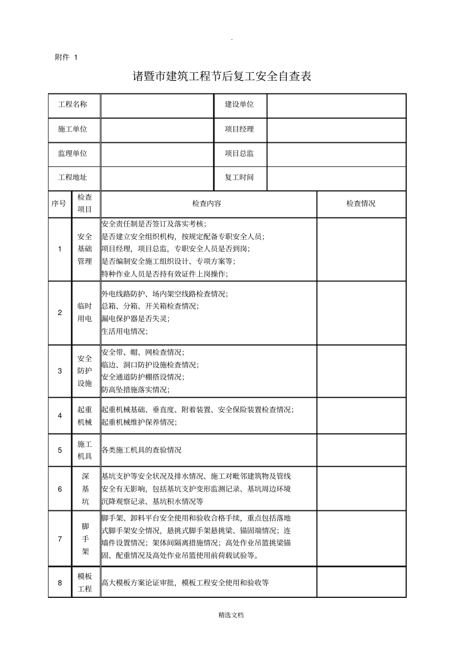 建筑工程春节后复工安全检查表43876_第1页