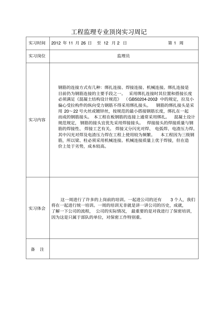 建筑工程监理专业实习周记_第1页