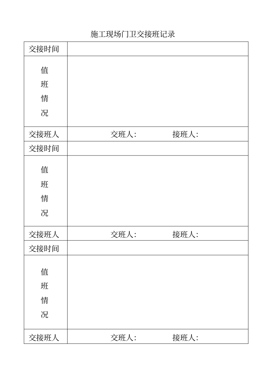 建筑施工现场门卫交接班记录文本_第1页