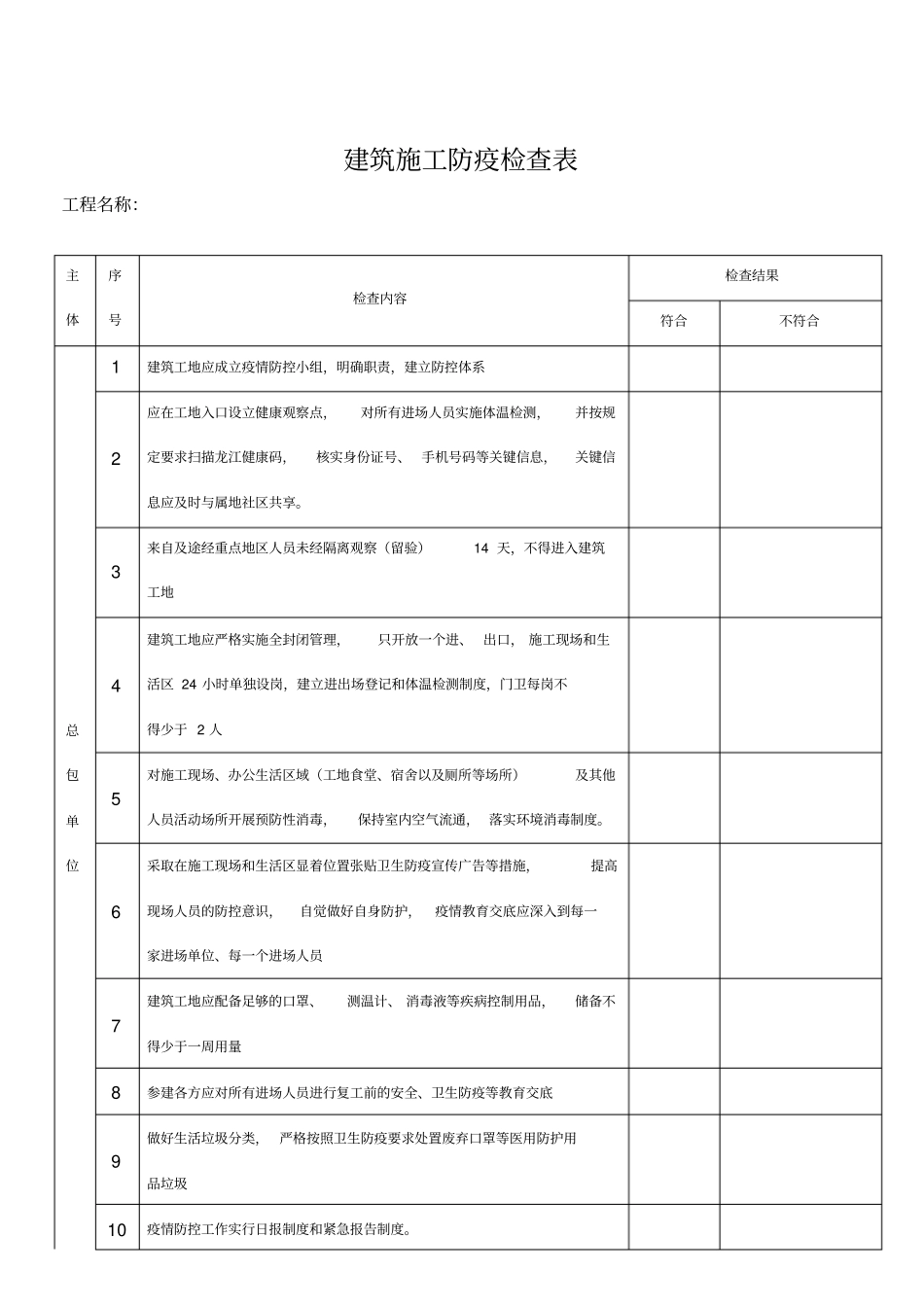 建筑施工防疫检查表-原表_第1页