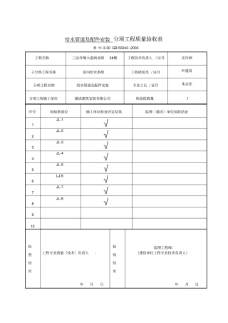 建筑给水排水及采暖分项工程项目质量验收表