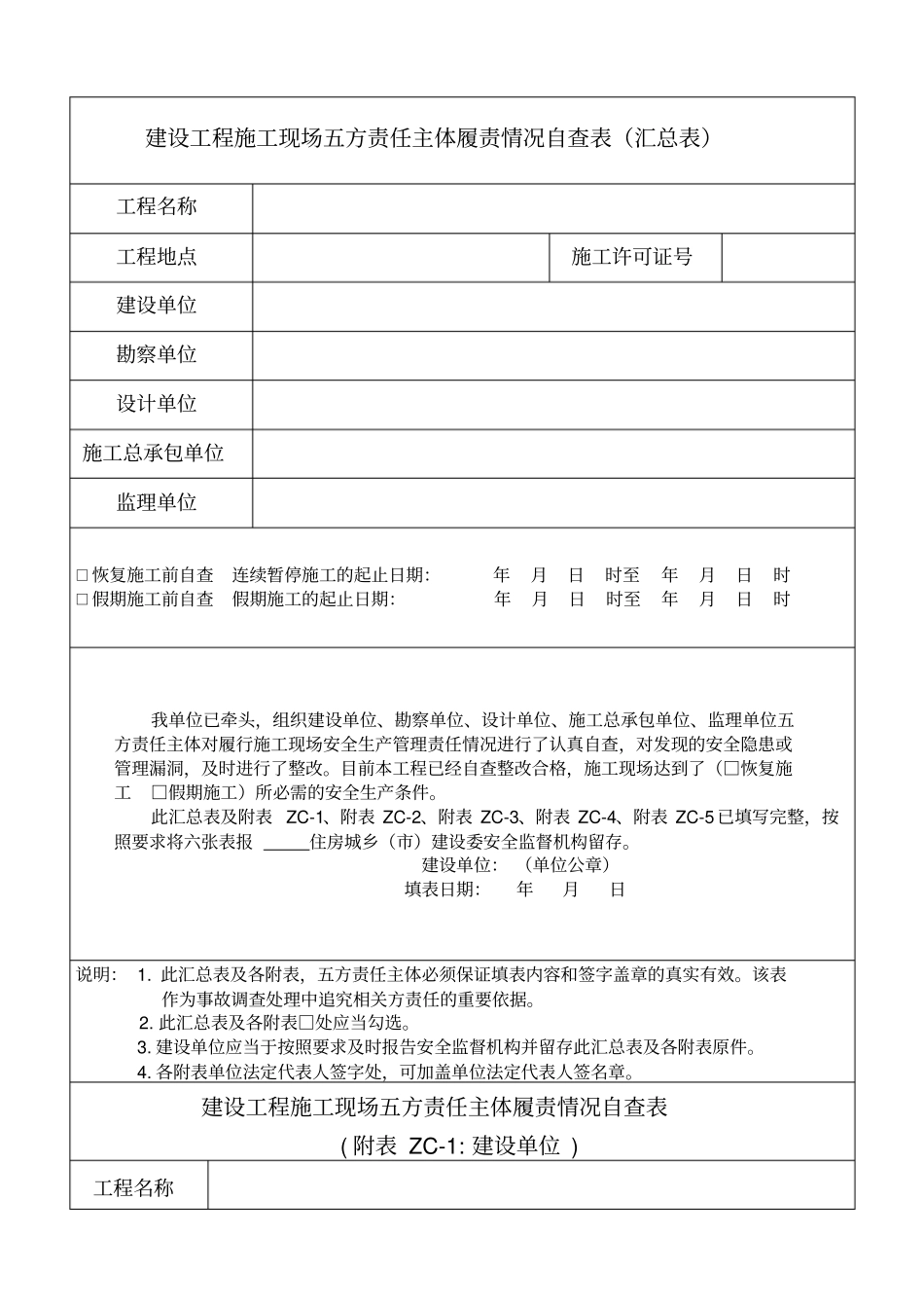 建设工程施工现场五方责任主体履责情况自查表_第1页