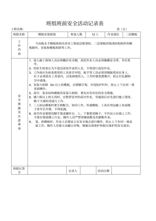 建设工程班组班前安全活动记录表