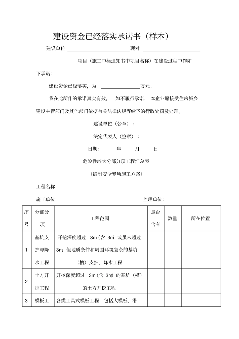 建设资金已经落实承诺书样本_第1页