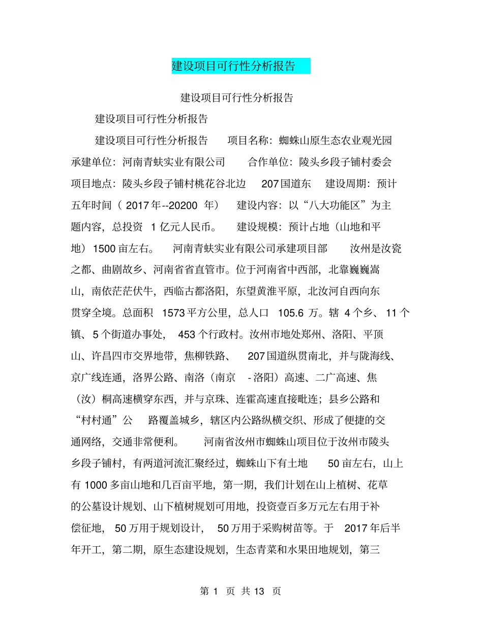 建设项目可行性分析报告【可编辑版】_第1页