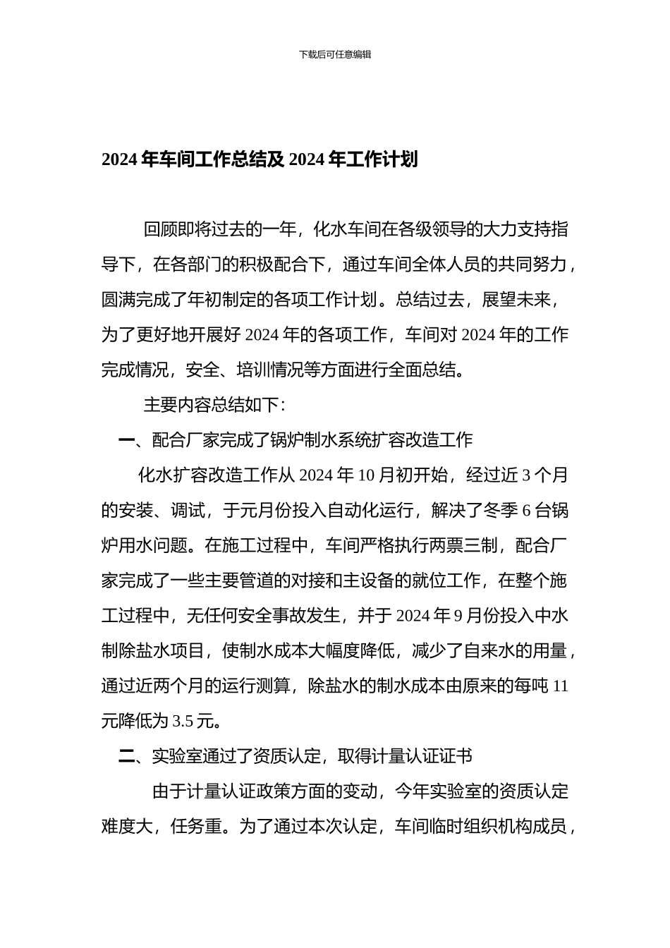 2024年车间工作总结及2024年工作计划-文档1_第1页
