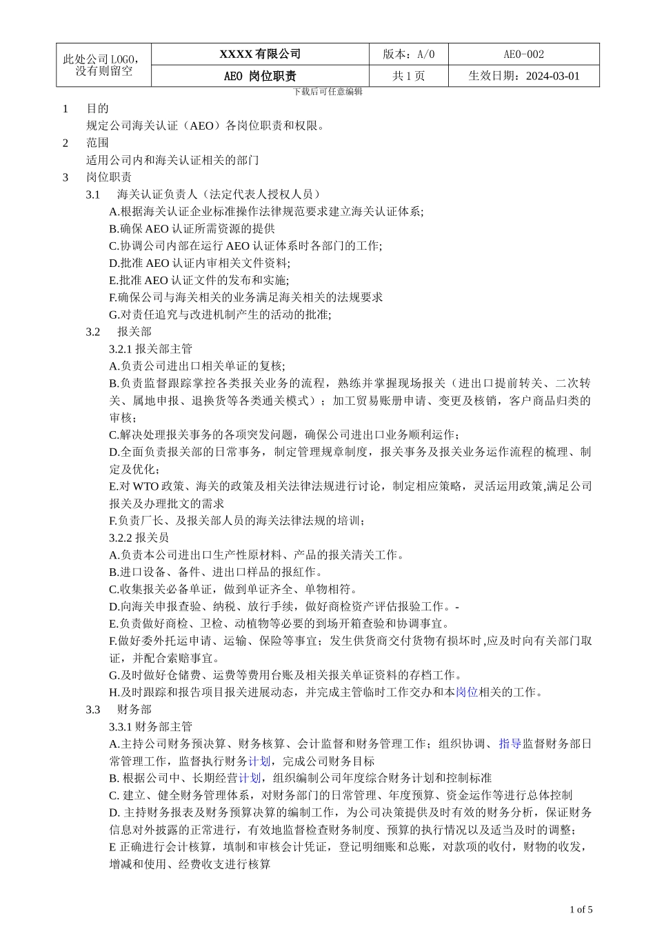 AEO海关一般认证文件002岗位职责_第1页