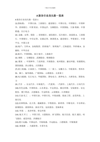 A股各行业龙头股一览表