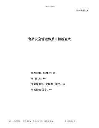 brc--iso-gbt-iso认证-记录文件-采购部食品安全管理体系审核检查表