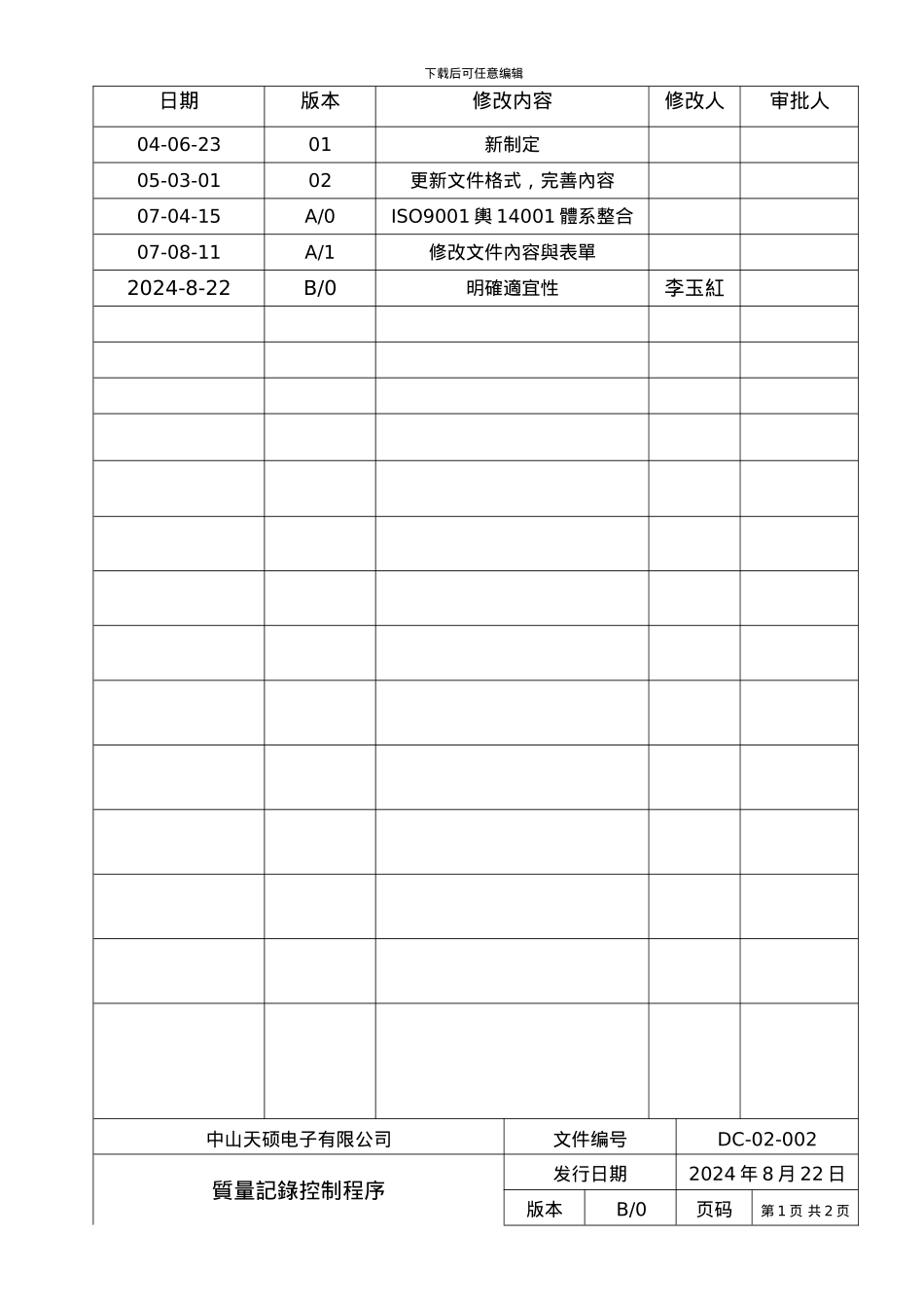 DC-02-002-质量记录控制程序-B0_第2页