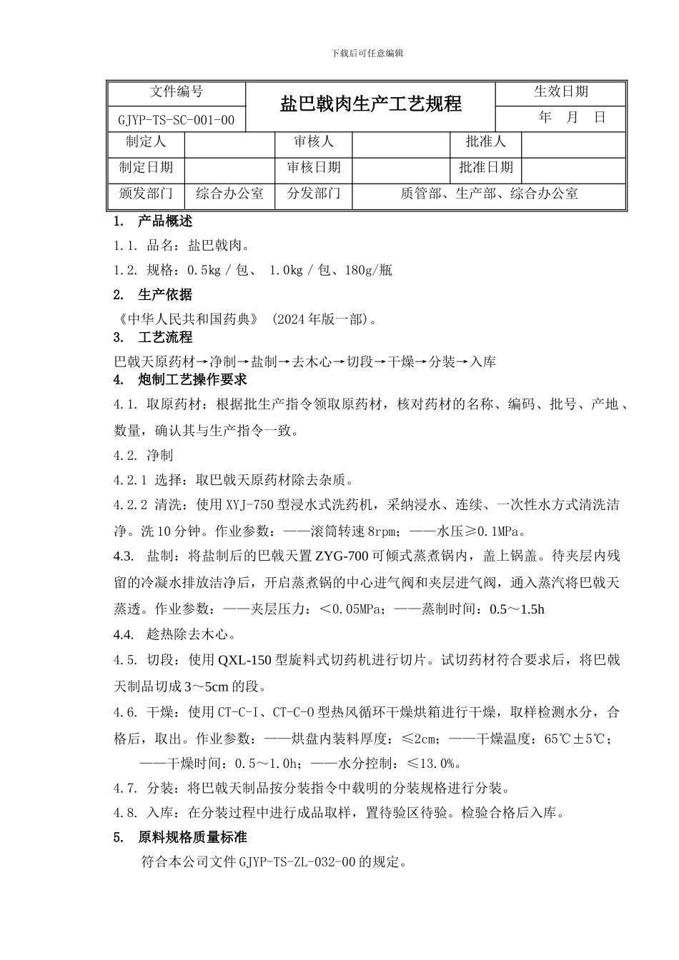 GJYP-TS-SC-001-00-盐巴戟肉生产工艺规程_第1页