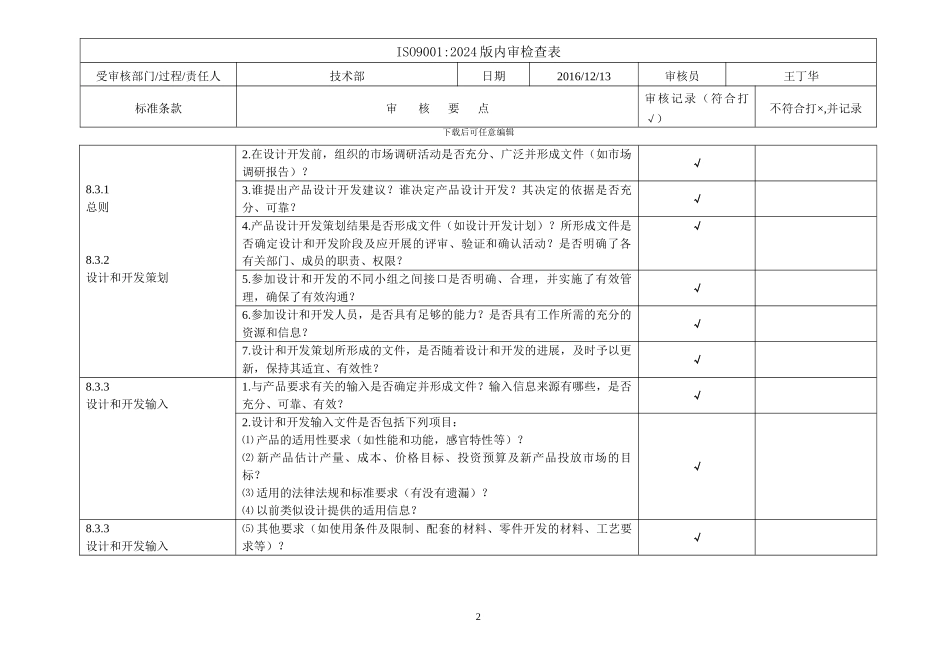 ISO9001-2024版-技术部-内审检查表_第2页
