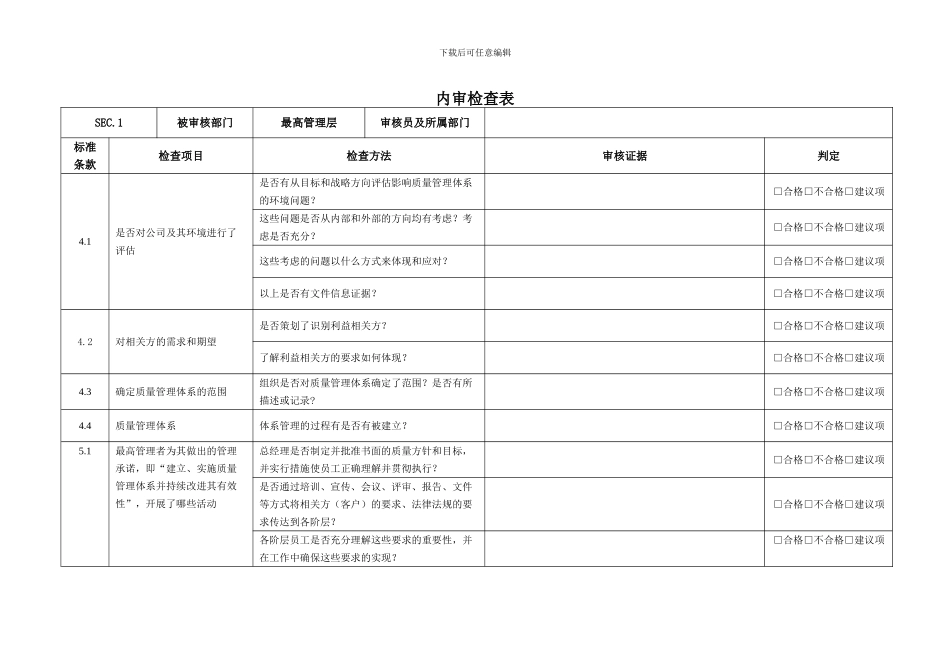 ISO9001-2024-各部门内审检查表_第1页