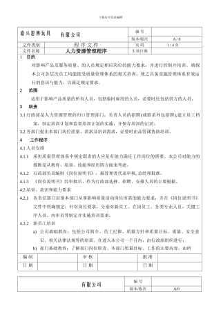 ISO9001程序及流程图人力资源管理控制程序