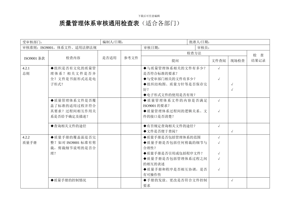 iso9001质量管理体系审核通用检查表_第1页