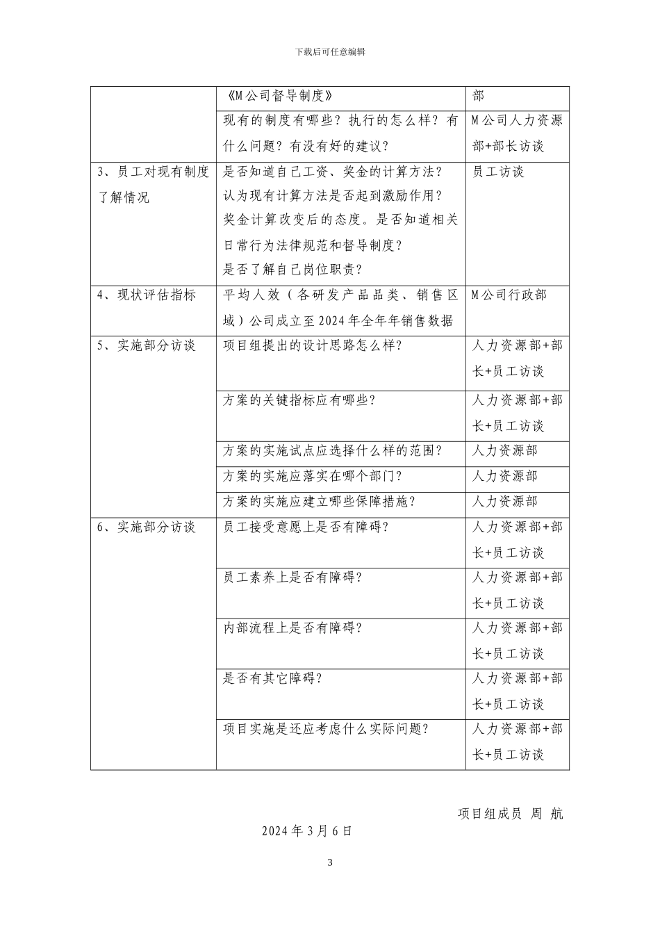 M公司综合薪酬及绩效考核体系设计及实施-调研计划书_第3页