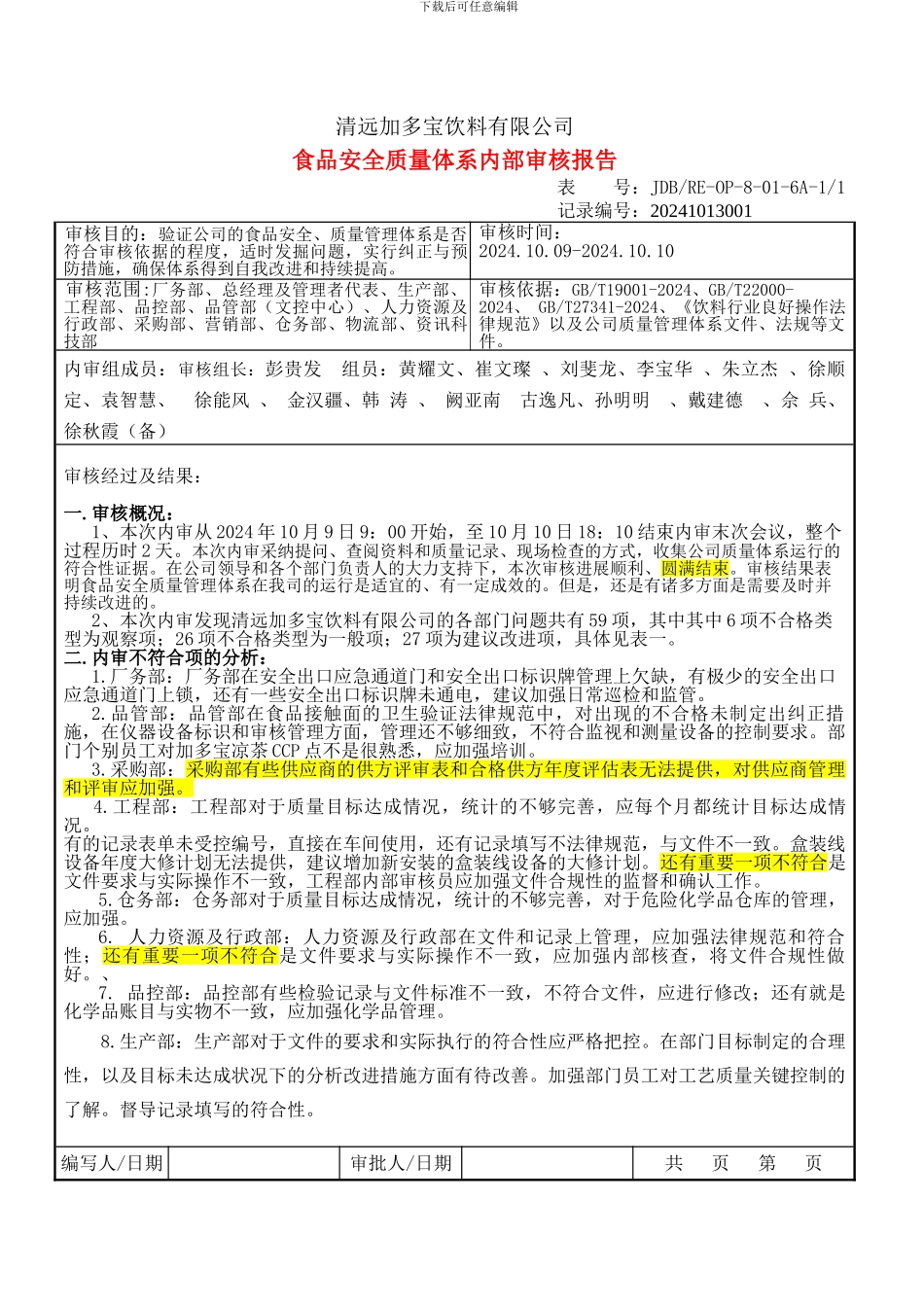 OP-8-01-6A-食品安全质量体系内部审核报告_第1页