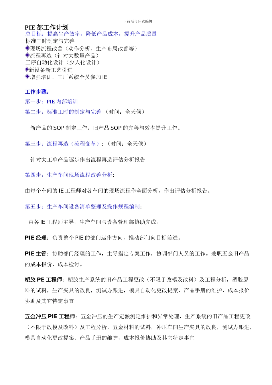 PIE部工作计划及工作职责_第1页