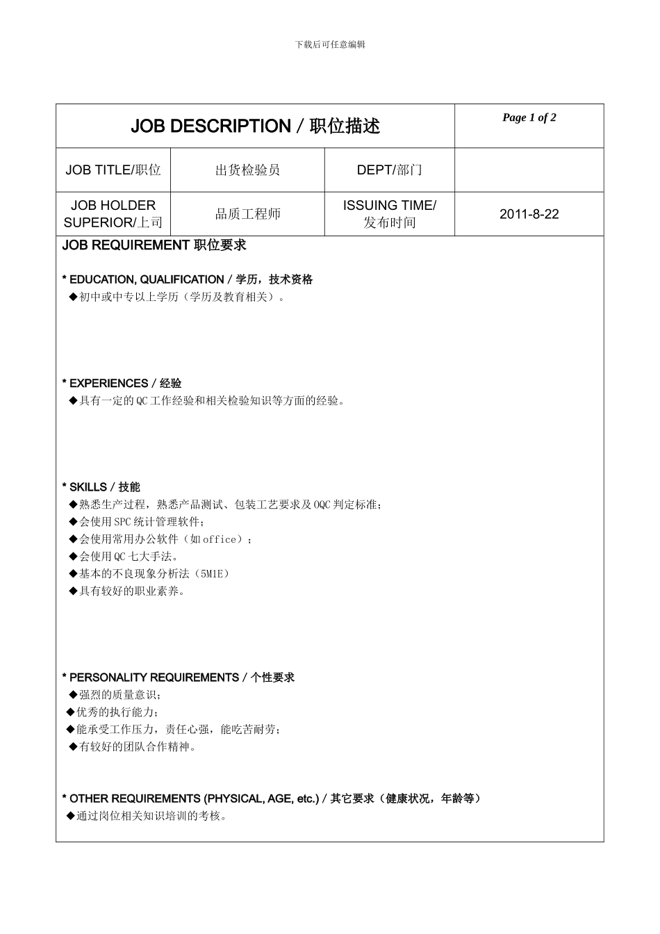 QA-出货检验员工作职责_第1页