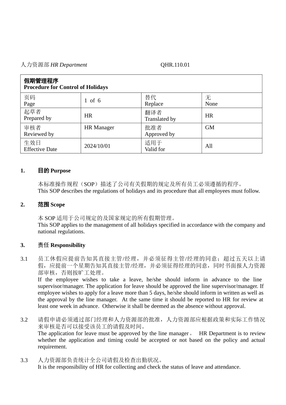 QHR.110.01-Procedure-for-Control-Holidays-假期管理程序_第1页