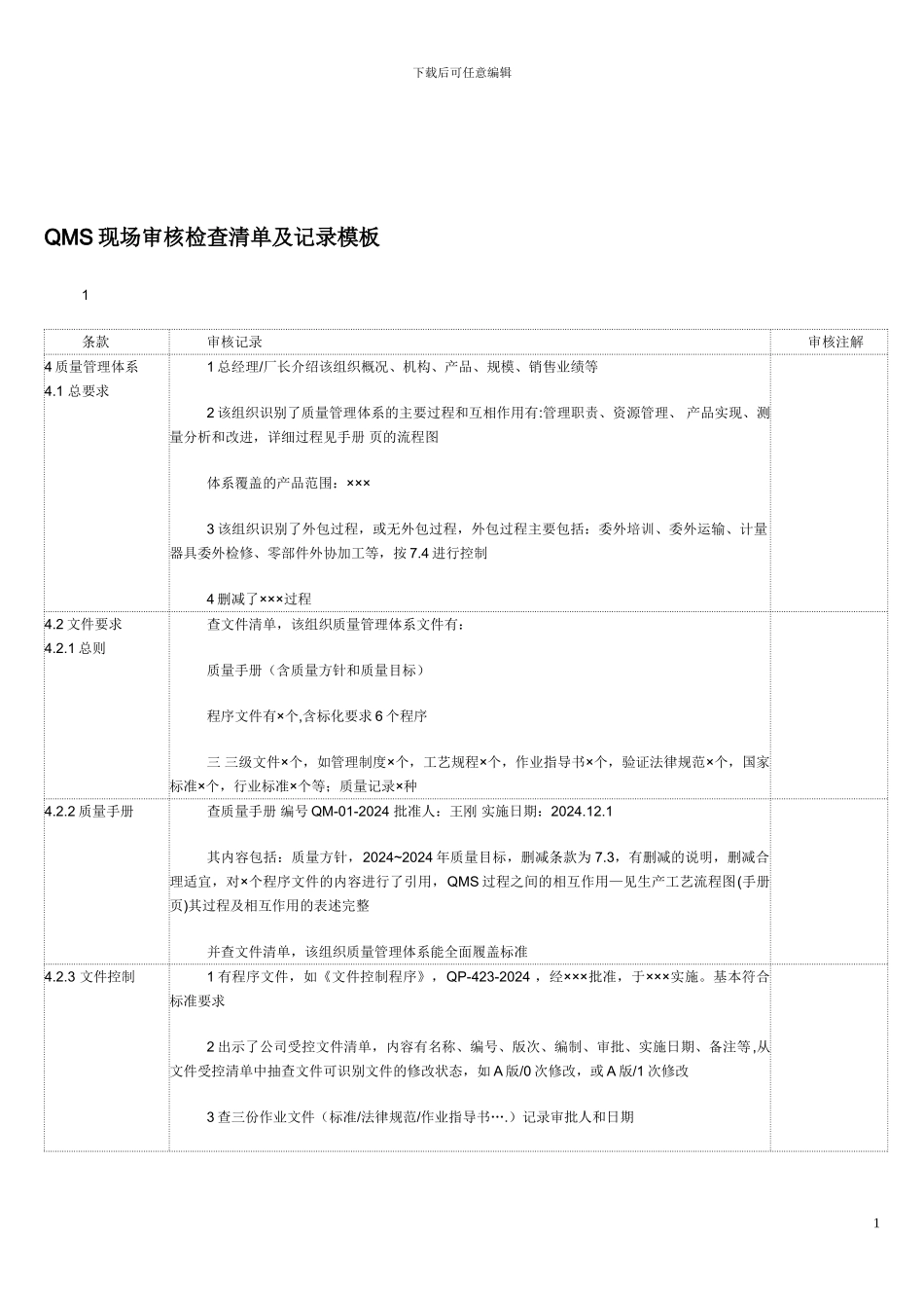 QMS现场审核检查清单及记录模板_第1页