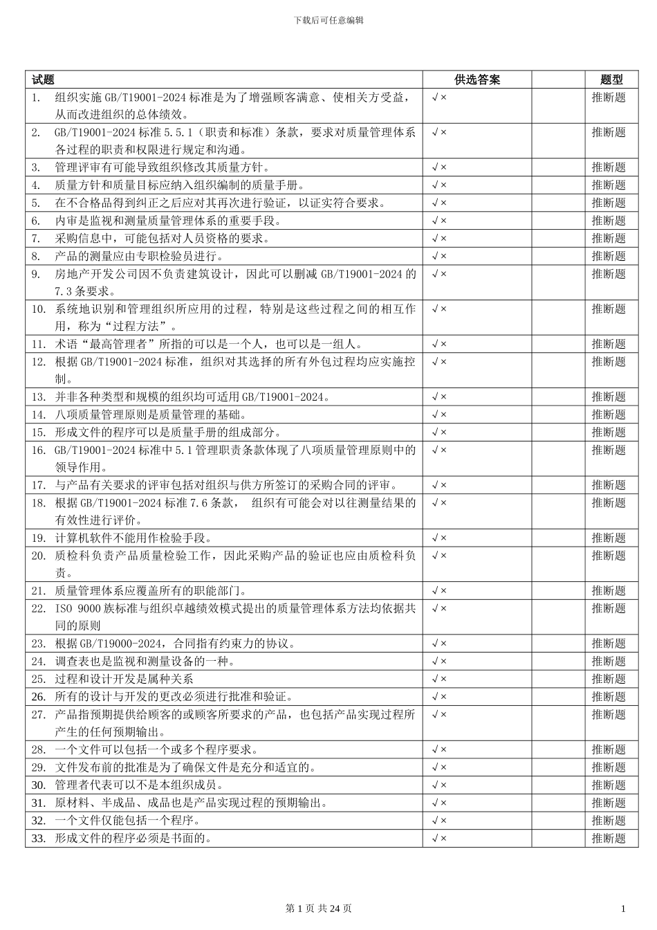 QMS-iso9001质量管理体系试题题集_第1页