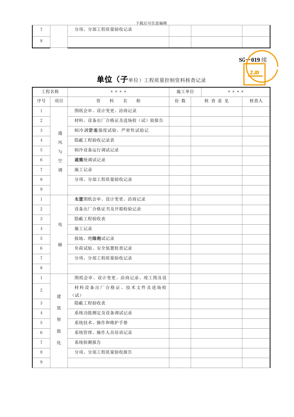 SG-019单位工程质量控制资料核查记录_第2页