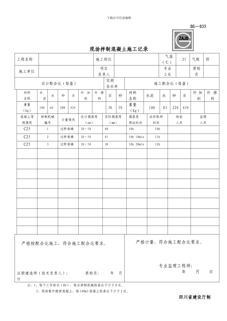 SG-035现场拌制混凝土施工记录_第1页