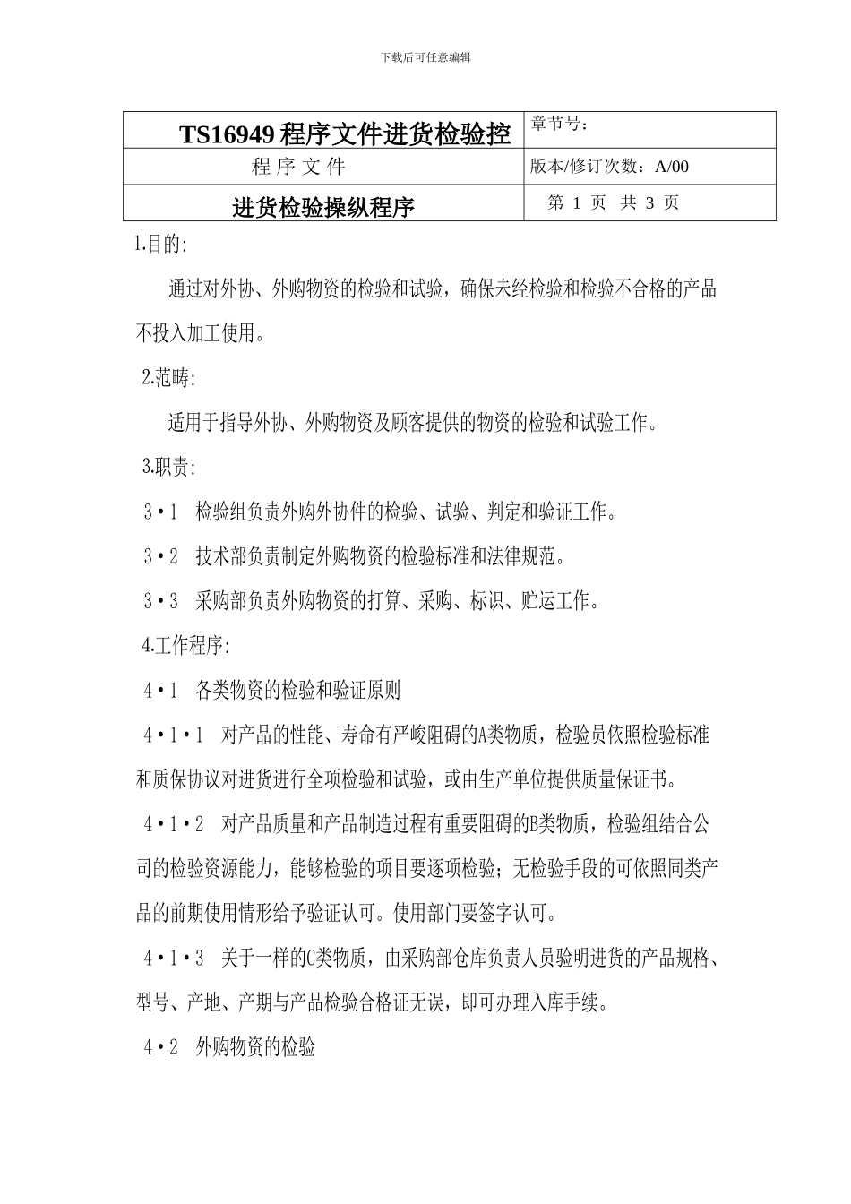 TS16949程序文件进货检验控制程序_第1页