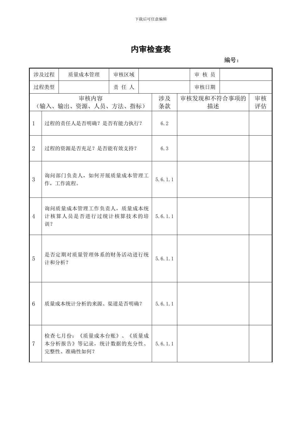 TS16949过程---质量成本管理审核表_第1页