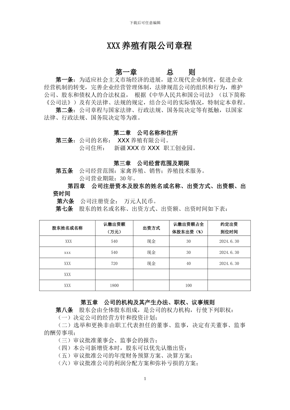 XXXXXX养殖有限公司章程_第1页