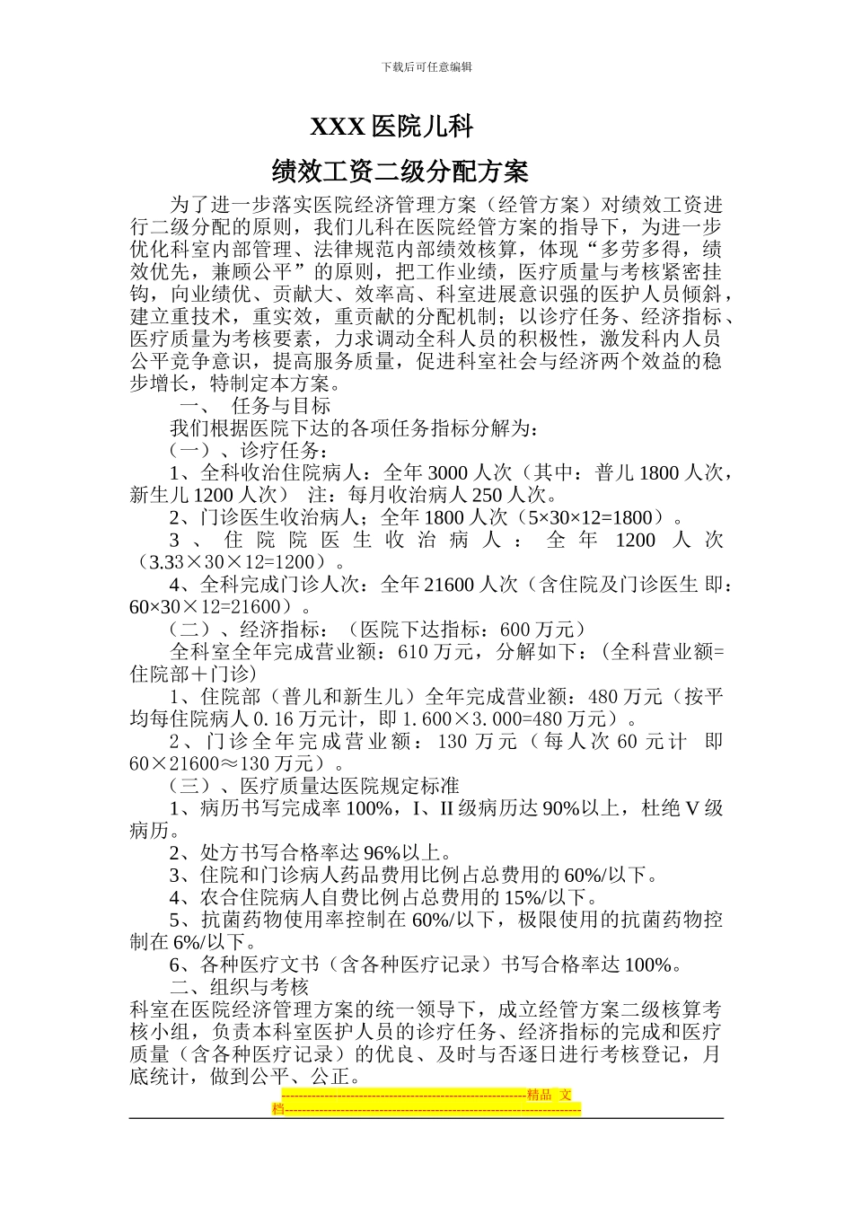 XXX医院儿科绩效工资二级分配方案_第1页