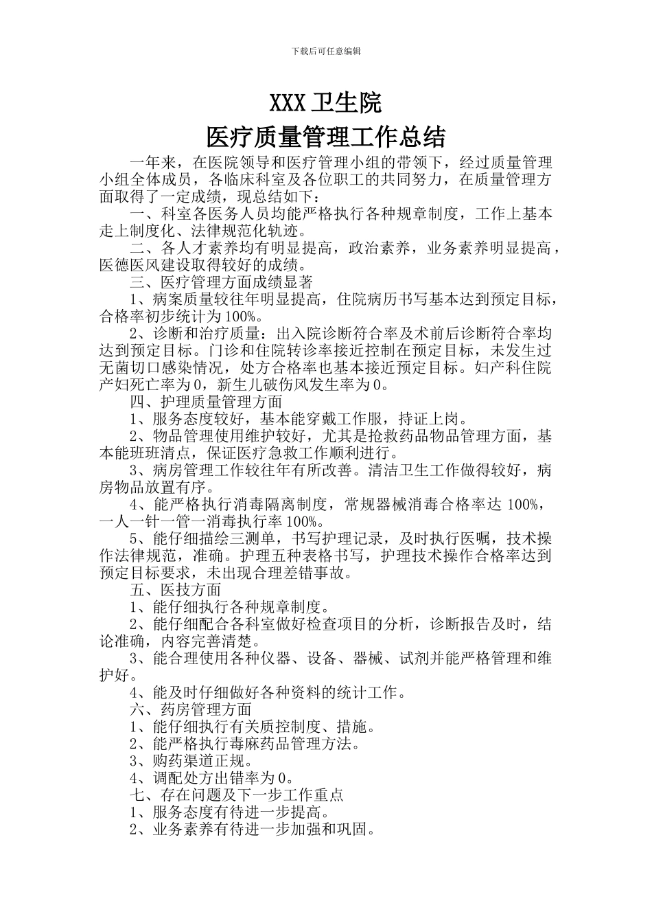 XXX卫生院医疗质量管理工作总结_第1页