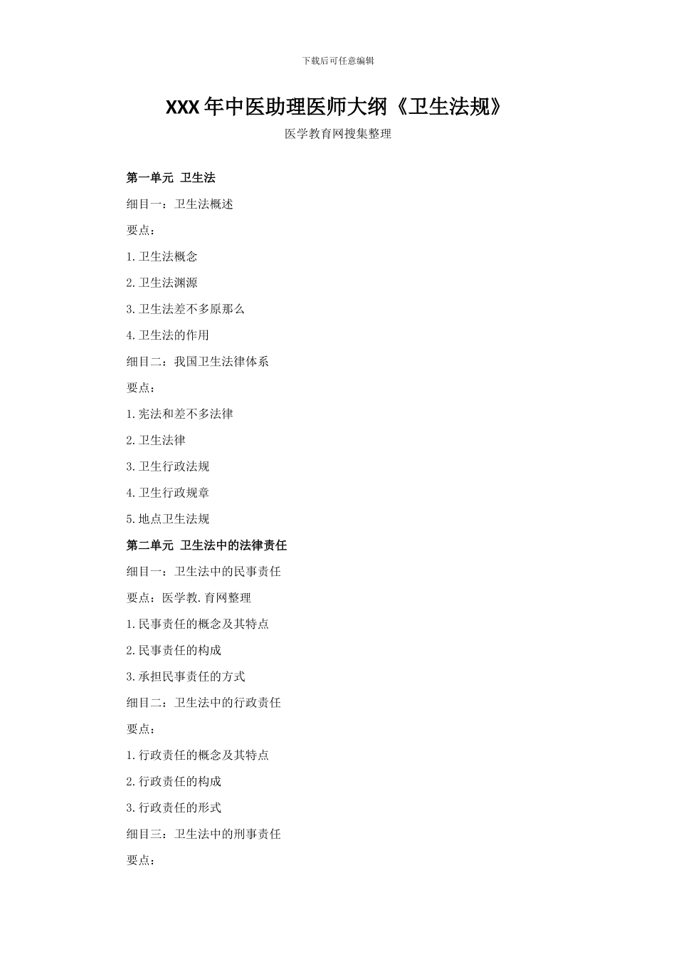 XXX年中医助理医师大纲《卫生法规》_第1页