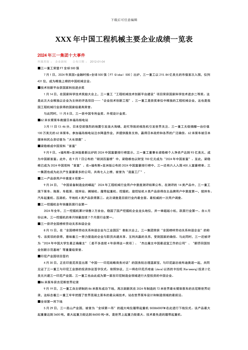 XXX年中国工程机械主要企业成绩一览表_第1页