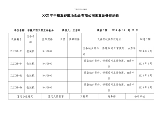 XXX年中粮五谷道场食品有限公司闲置设备登记表