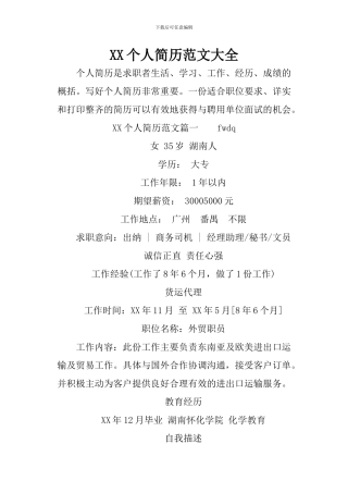 XX个人简历范文大全