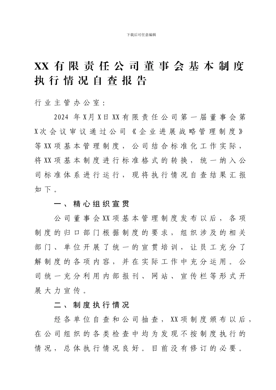 XX公司基本制度执行情况自查报告_第1页
