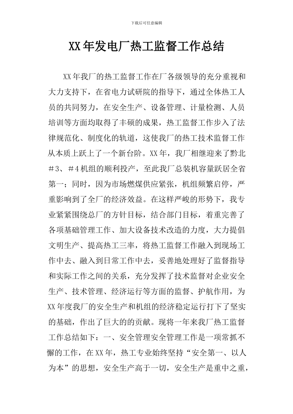 XX年发电厂热工监督工作总结_第1页