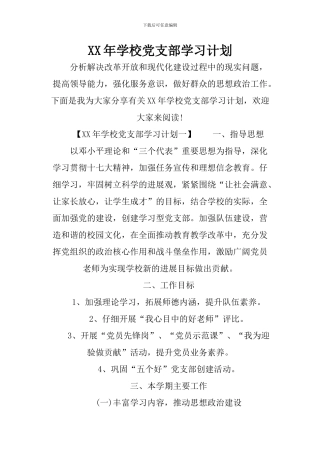XX年学校党支部学习计划