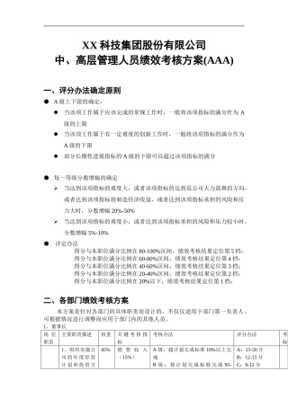 XX科技集团股份有限公司中、高层管理人员绩效考核方案