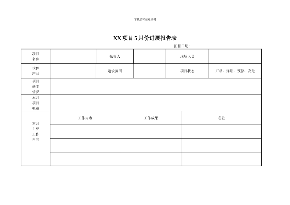 XX项目月度进展报告表_第1页