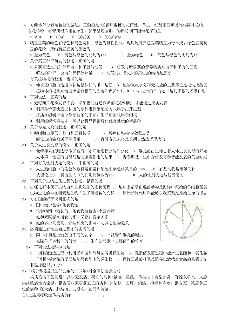 2007—2012年潍坊市初中学业水平考试生物试题及答案(共6年)_第2页