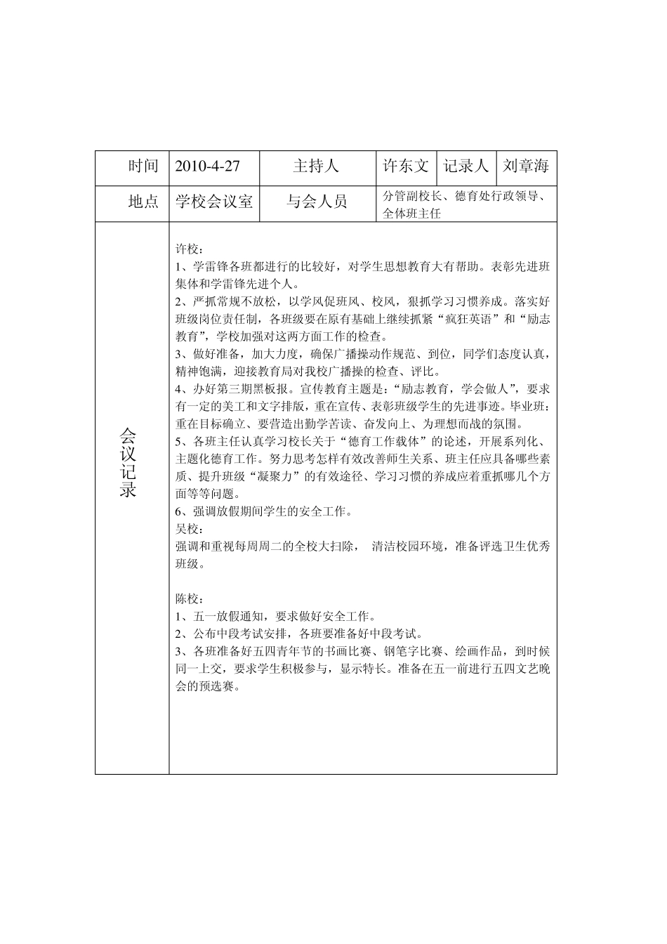 20092010第二学期班主任工作会议记录_第3页